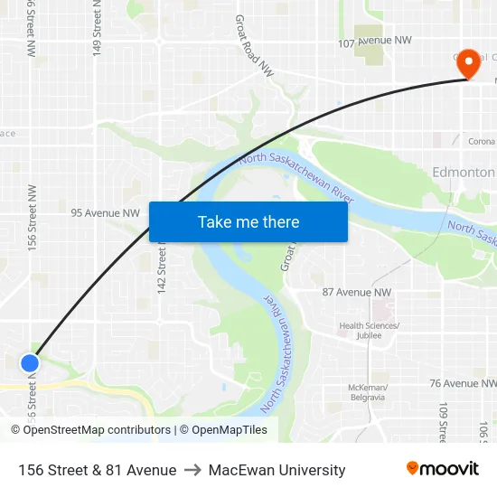 156 Street & 81 Avenue to MacEwan University map