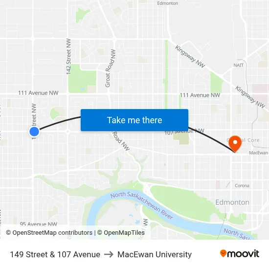 149 Street & 107 Avenue to MacEwan University map