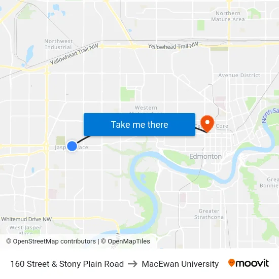 160 Street & Stony Plain Road to MacEwan University map