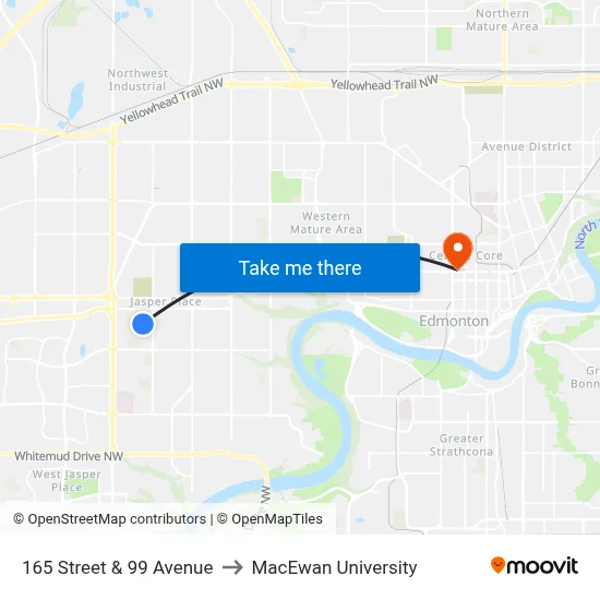 165 Street & 99 Avenue to MacEwan University map