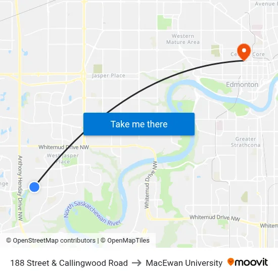 188 Street & Callingwood Road to MacEwan University map