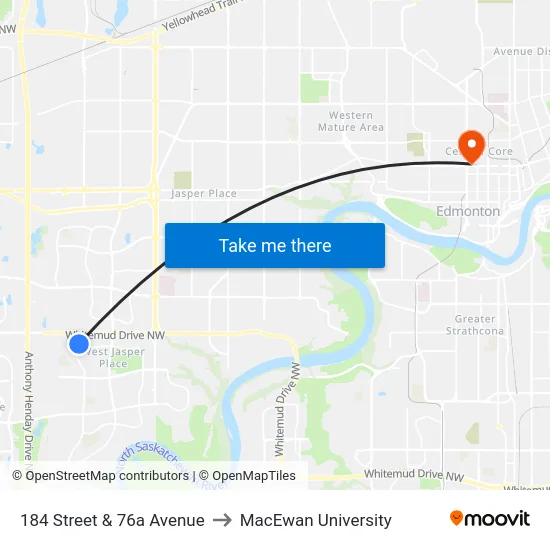 184 Street & 76a Avenue to MacEwan University map