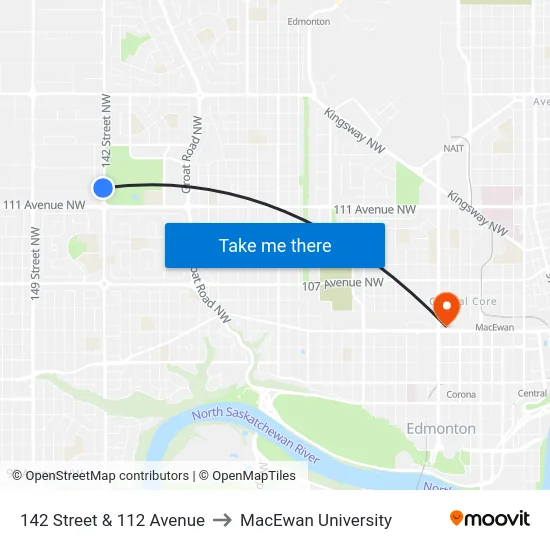 142 Street & 112 Avenue to MacEwan University map