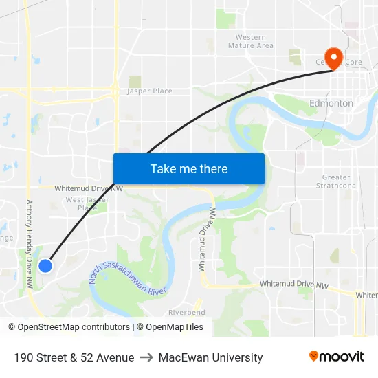190 Street & 52 Avenue to MacEwan University map