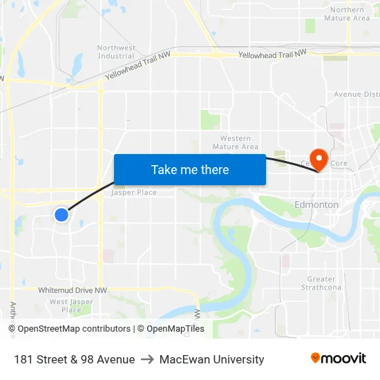 181 Street & 98 Avenue to MacEwan University map