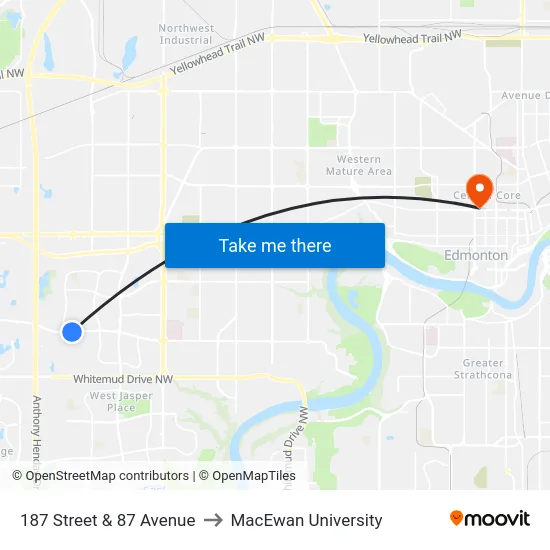 187 Street & 87 Avenue to MacEwan University map