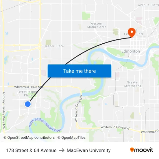 178 Street & 64 Avenue to MacEwan University map