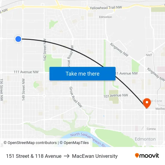 151 Street & 118 Avenue to MacEwan University map