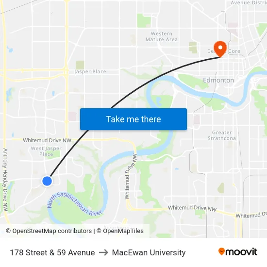 178 Street & 59 Avenue to MacEwan University map