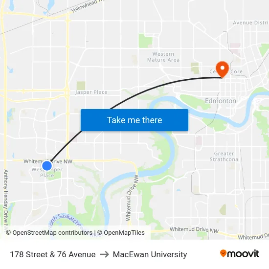 178 Street & 76 Avenue to MacEwan University map
