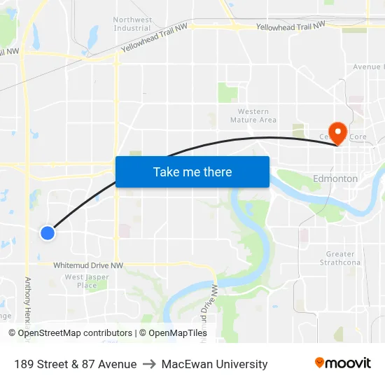 189 Street & 87 Avenue to MacEwan University map