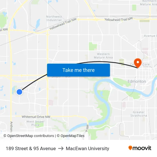 189 Street & 95 Avenue to MacEwan University map