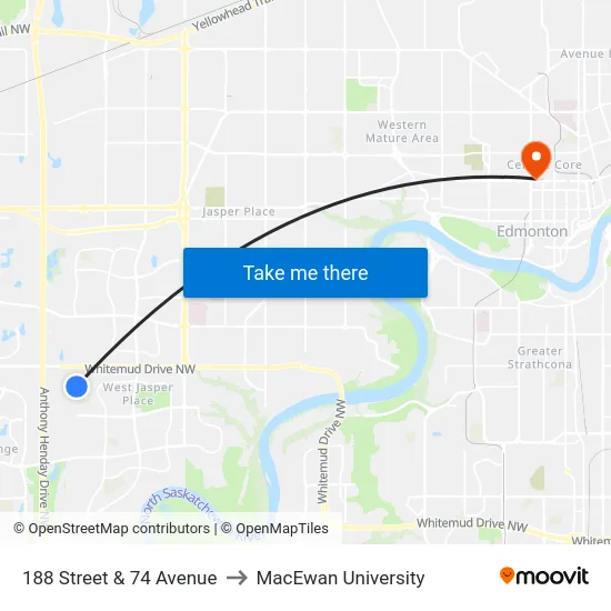 188 Street & 74 Avenue to MacEwan University map