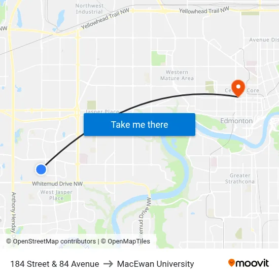 184 Street & 84 Avenue to MacEwan University map