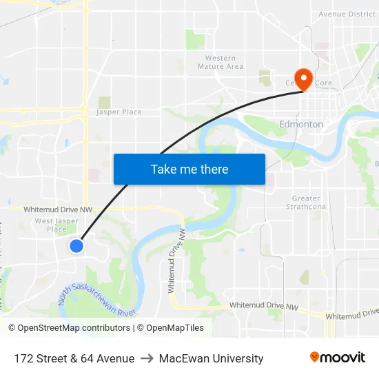 172 Street & 64 Avenue to MacEwan University map