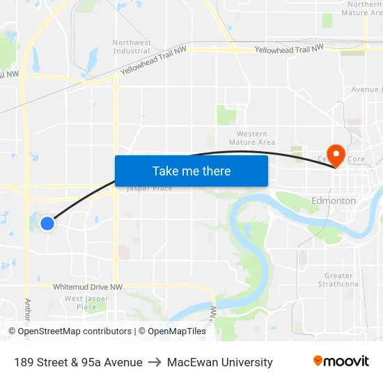 189 Street & 95a Avenue to MacEwan University map