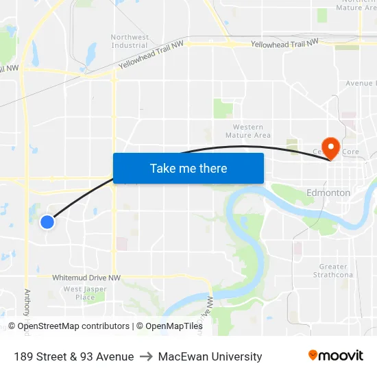 189 Street & 93 Avenue to MacEwan University map