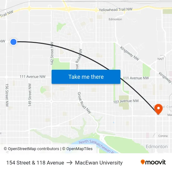 154 Street & 118 Avenue to MacEwan University map