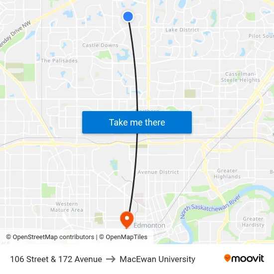 106 Street & 172 Avenue to MacEwan University map
