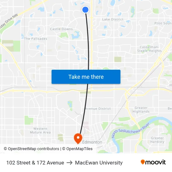 102 Street & 172 Avenue to MacEwan University map
