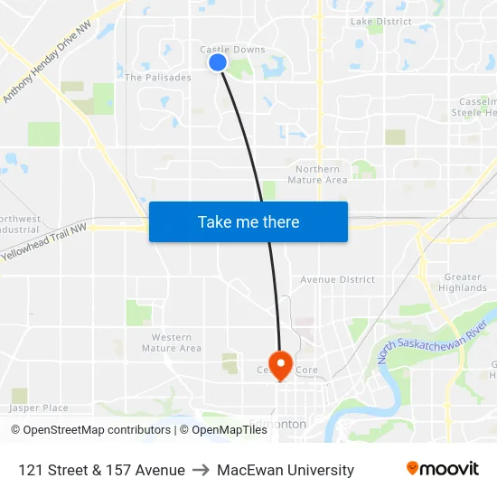 121 Street & 157 Avenue to MacEwan University map