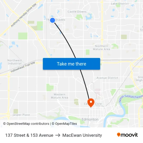 137 Street & 153 Avenue to MacEwan University map