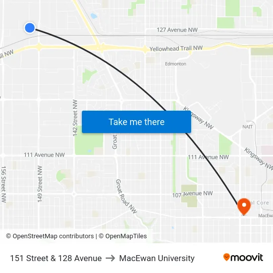 151 Street & 128 Avenue to MacEwan University map