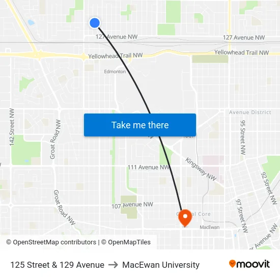 125 Street & 129 Avenue to MacEwan University map
