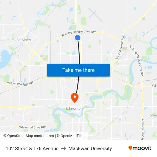 102 Street & 176 Avenue to MacEwan University map
