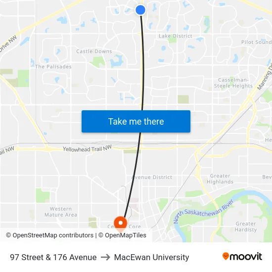97 Street & 176 Avenue to MacEwan University map