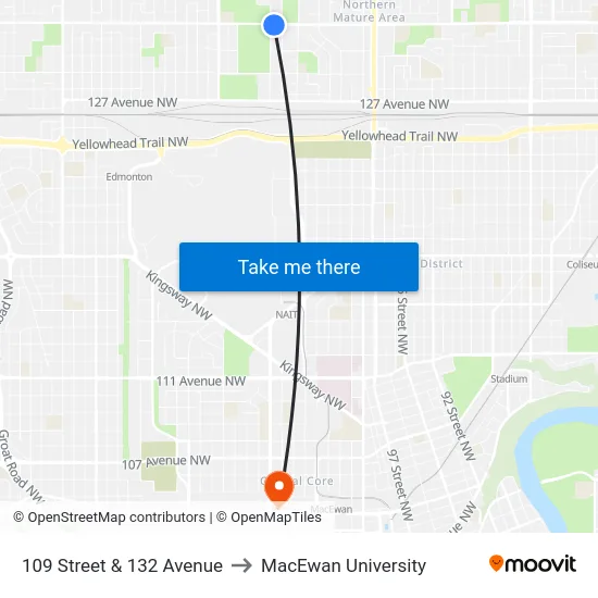 109 Street & 132 Avenue to MacEwan University map