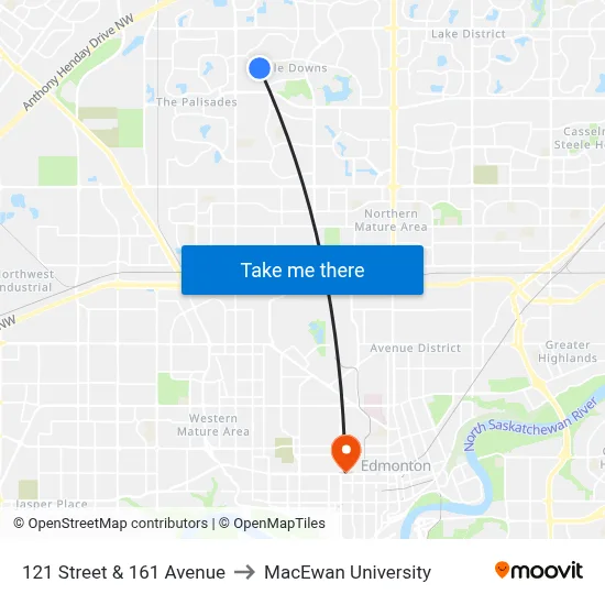 121 Street & 161 Avenue to MacEwan University map