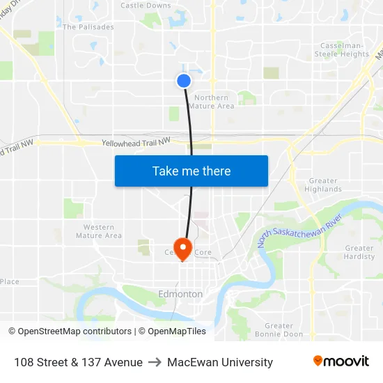 108 Street & 137 Avenue to MacEwan University map