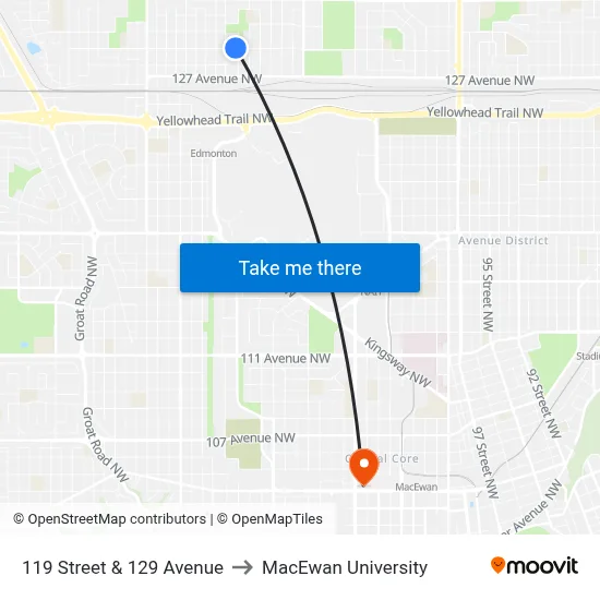 119 Street & 129 Avenue to MacEwan University map