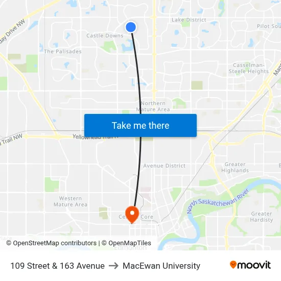 109 Street & 163 Avenue to MacEwan University map