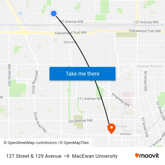 127 Street & 129 Avenue to MacEwan University map