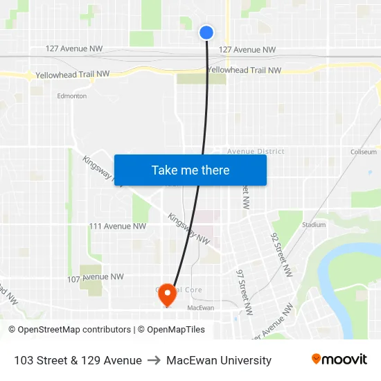 103 Street & 129 Avenue to MacEwan University map