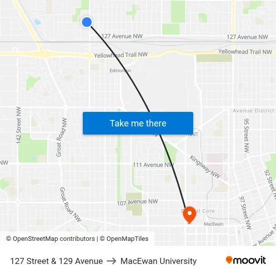 127 Street & 129 Avenue to MacEwan University map