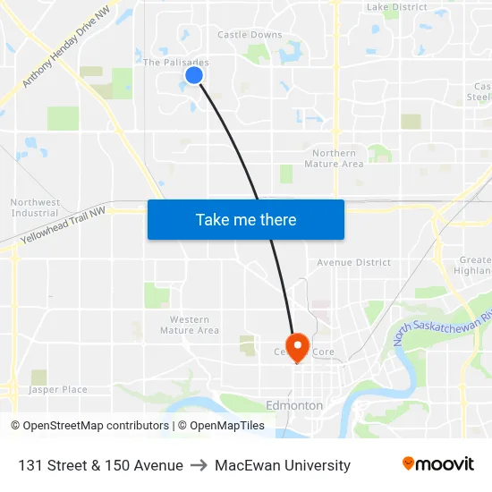 131 Street & 150 Avenue to MacEwan University map