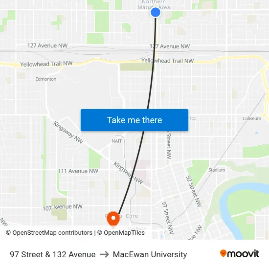 97 Street & 132 Avenue to MacEwan University map