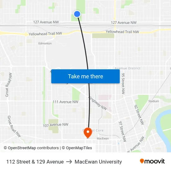 112 Street & 129 Avenue to MacEwan University map