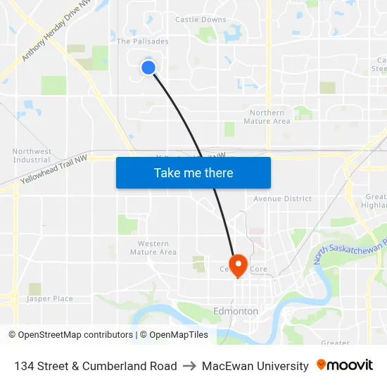 134 Street & Cumberland Road to MacEwan University map