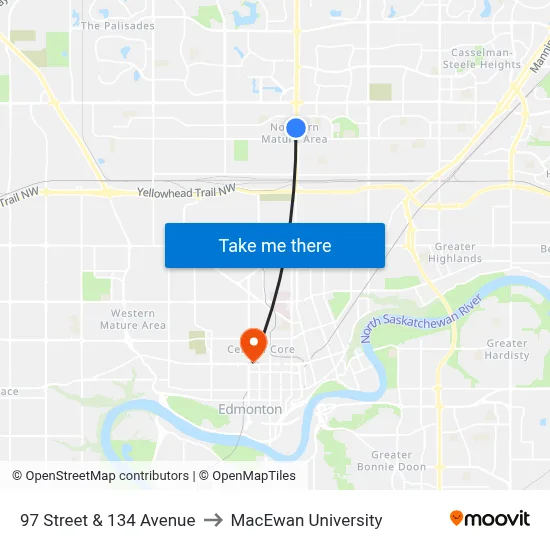 97 Street & 134 Avenue to MacEwan University map