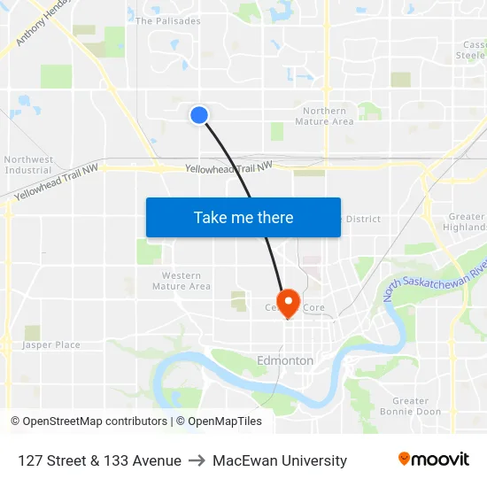 127 Street & 133 Avenue to MacEwan University map