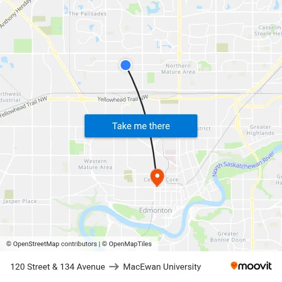 120 Street & 134 Avenue to MacEwan University map