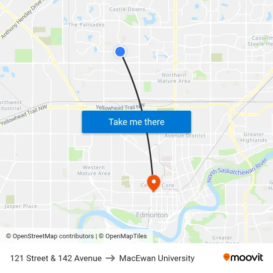 121 Street & 142 Avenue to MacEwan University map