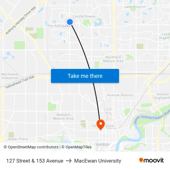 127 Street & 153 Avenue to MacEwan University map