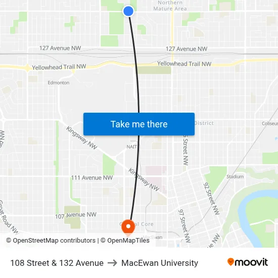 108 Street & 132 Avenue to MacEwan University map