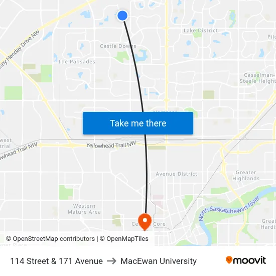 114 Street & 171 Avenue to MacEwan University map