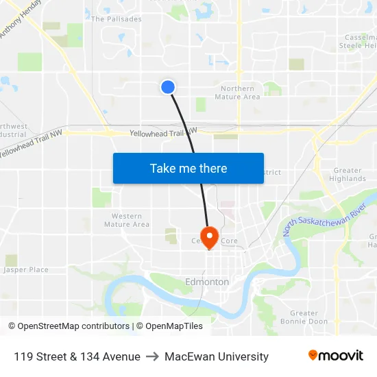 119 Street & 134 Avenue to MacEwan University map